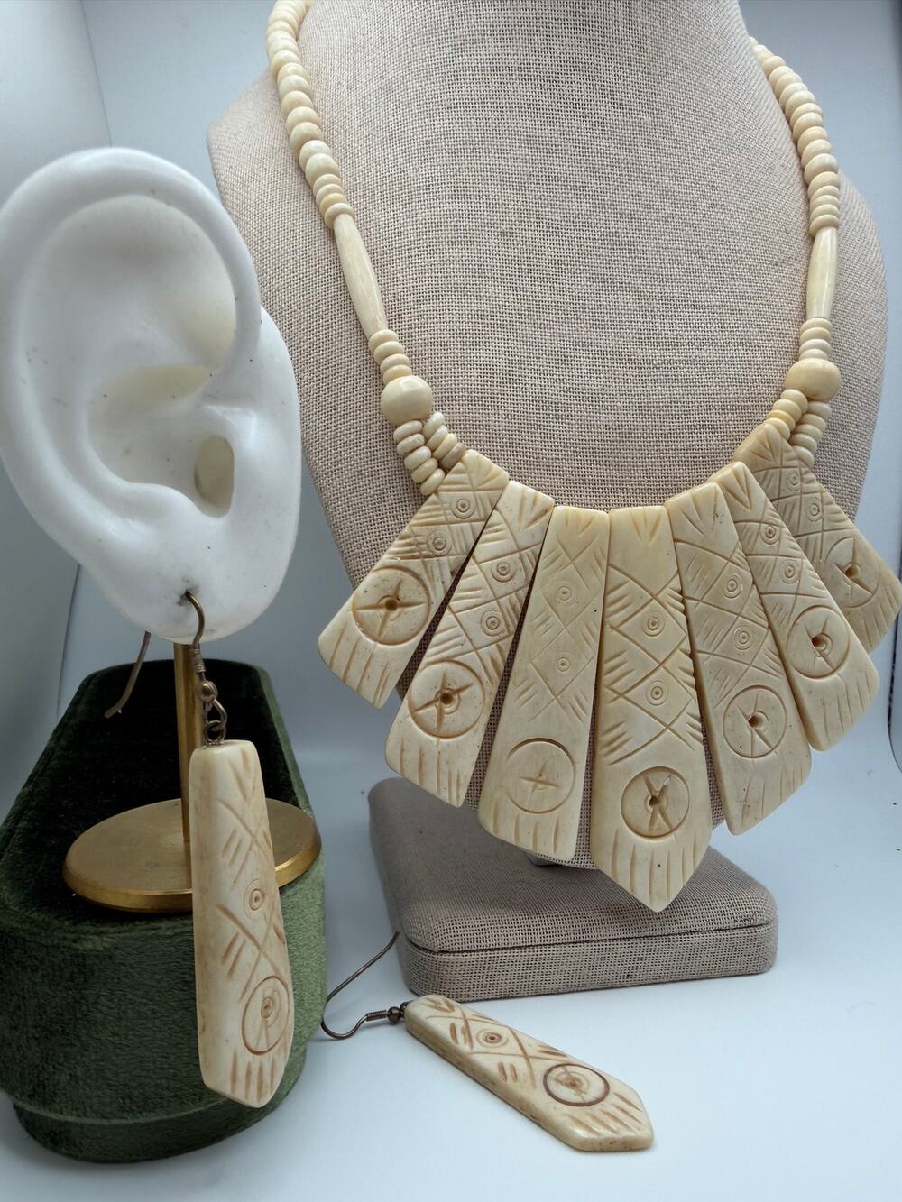 vintage hand-carved bovine bone tribal statement necklace and matching earring